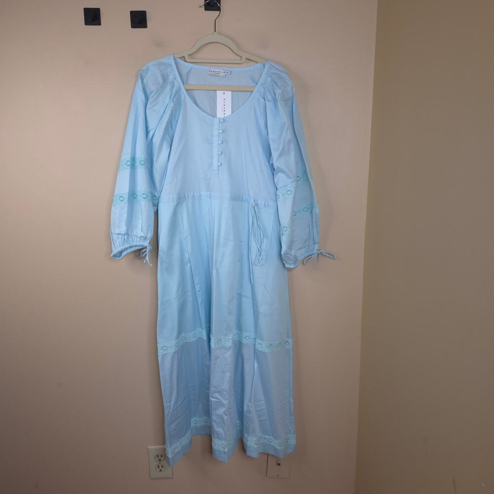 Harshman Belle Blouson Sleeve Lace Trim Midi Dress in Light Blue Size XS